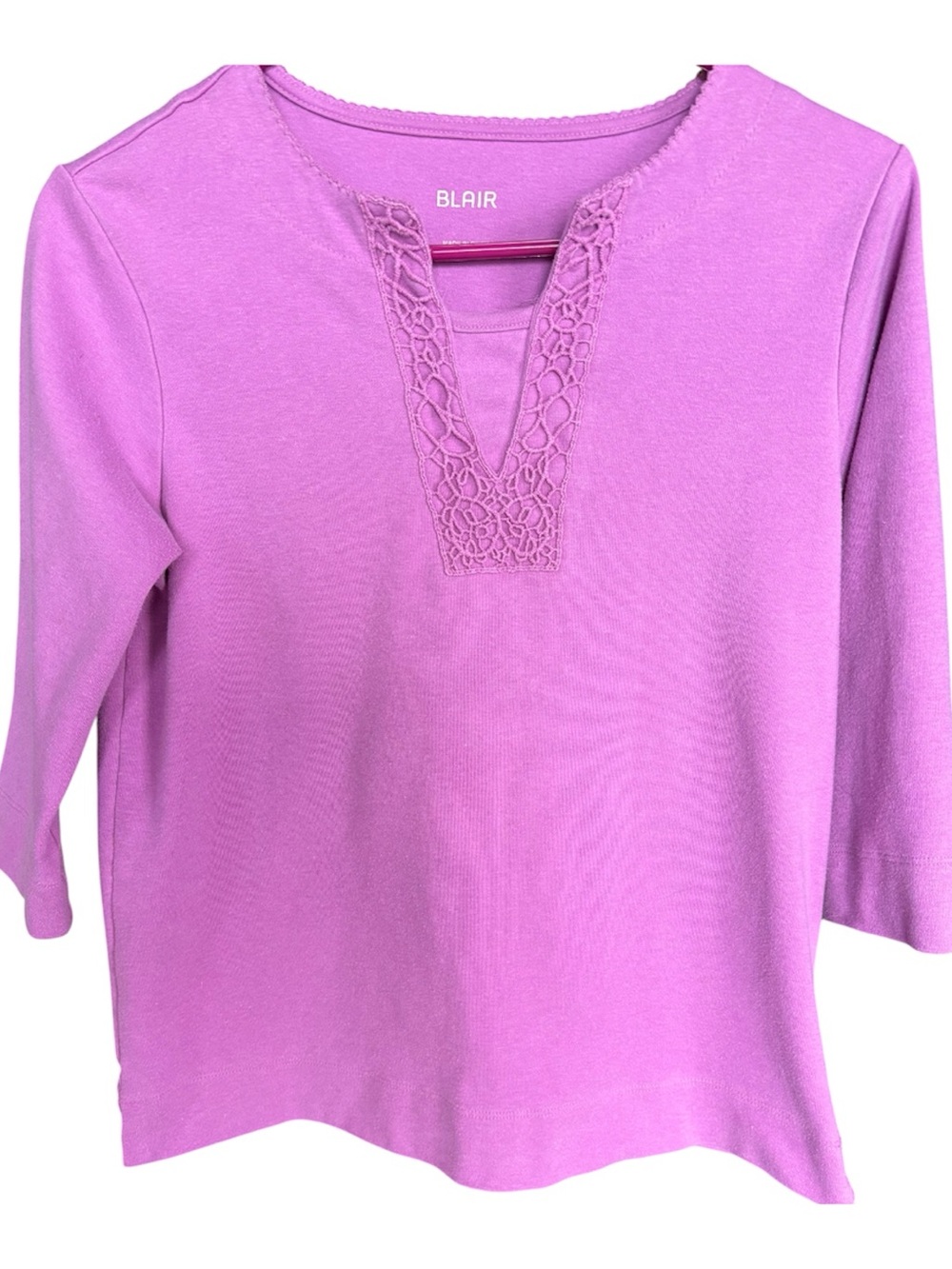 Women's Blair lavender knit top with three quarter sleeves and crochet lace.